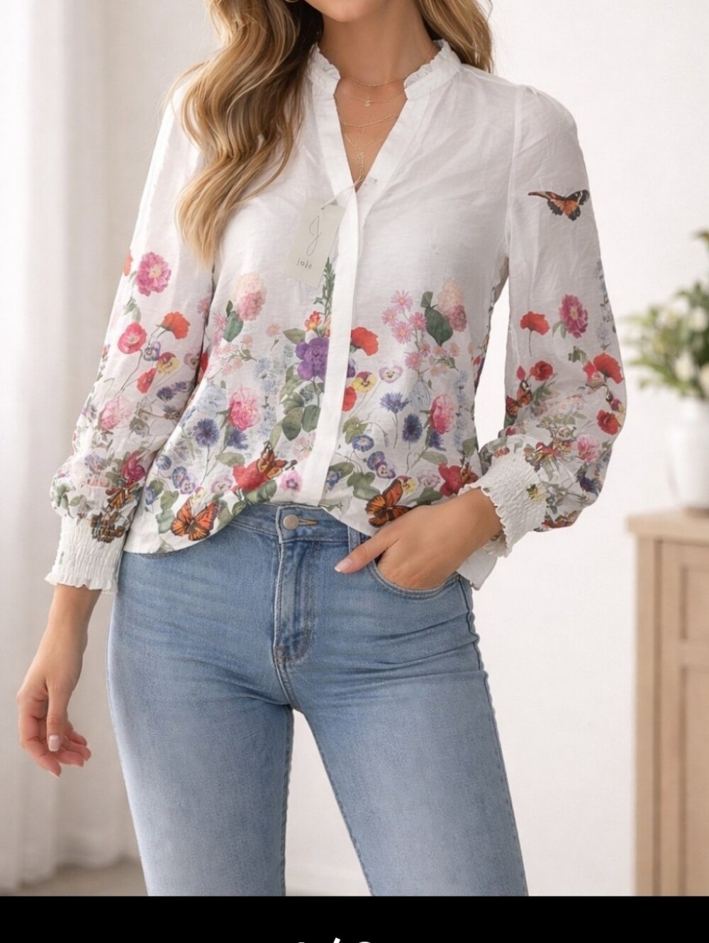 Joie  Floral Ruffled Neck Button Front Blouse Size M